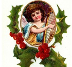 c1908 Merry Christmas Postcard Angel Playing Harp Holly Berries Embossed - £11.76 GBP