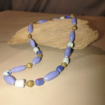 Vintage Artisan Blue Glass Paint Accent Gold Beaded Necklace Interlock C... - $48.81