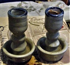Candle Stick Holder Gray w/Cobalt Salt Glaze Taper set, Williamsburg Pottery VA  - £7.85 GBP