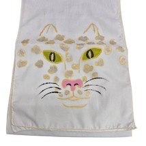 vintage White Hand Painted Kitty Cat Leopard Scarf 1970s Acetate 53&quot; long - $33.66