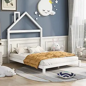 Full Size Wood Platform Bed With House-Shaped Headboard For Kids Teens,N... - $290.99