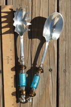 TIFFINWARE ~ Pasta Server &amp; Serving Spoon Silver Plated Blue Beaded Handle - £47.84 GBP
