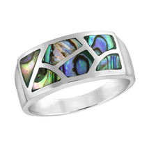 Sophisticated Pavement Mosaic of Abalone Shell Sterling Silver Ring-9 - £20.64 GBP