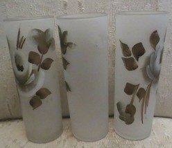 3 Vintage Hand Painted 10 Ounce Frosted Glass Tumblers Flowers Federal G... - $25.31 CAD