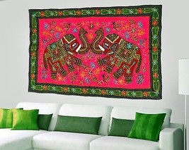Handmade Cotton Embroidery Pink Elephant Wall Hanging Home Decor Tapestry Ethnic - £26.80 GBP