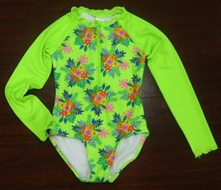 CAT &amp; JACK Girls SWIMSUIT Aloha Floral One Piece Rash Guard Lime Green M... - $19.99