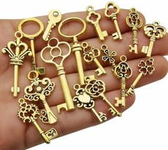 10 Skeleton Key Pendants Antiqued Gold Assorted Steampunk Charms Wedding Keys - £3.83 GBP