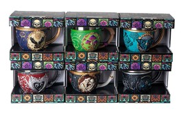 Set Of 6 Colorful Cameo Tarot Moth Skeletons Dragons Cat Magic Tea Cup Mugs - $149.99