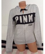 Victoria&#39;s Secret Pink Glacier Gray Black Logo Full Zip Up Hoodie Jacket... - £47.70 GBP