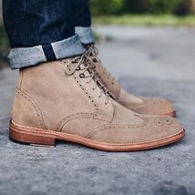 New Handmade Mens Brogue WingTip Beige Suede Boots, leather boots for men 2019  - £122.14 GBP
