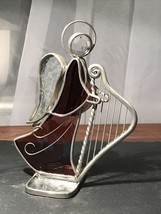 Stained Glass Angel Playing Harp Frosted Glass Sun Catcher Purple Dress Figurine - £12.66 GBP