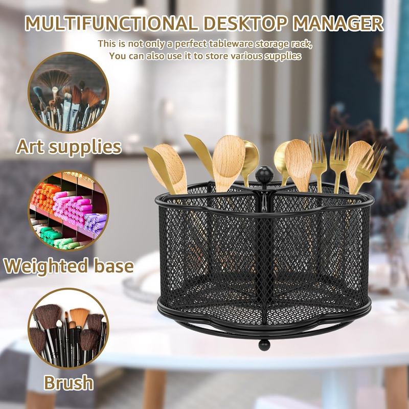 360° Kitchen Rotating Silverware Cutlery Caddy Holder, 5-Compartment Metal Utens Item image 3