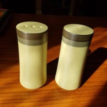 Vintage 1970s Made in Japan Green Brown Cylindrical Salt and Pepper Shak... - $12.59