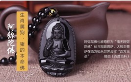 NATURAL BLACK OBSIDIAN CARVED BUDDHA AMULET PENDANT + FREE NECKLACE - $16.90