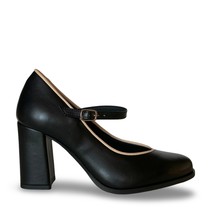 Women heels black vegan shoe buckle strap beige trim apple leather round... - $133.12