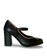 Women heels black vegan shoe buckle strap beige trim apple leather round... - $185.85 CAD