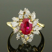 18K Yellow Gold Plated 2.55 Ct Simulated Ruby &amp; Diamond Cluster Engagement Ring - £57.34 GBP