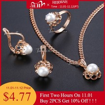 Earrings Ring Pendent Necklace Set For Women  Bead Ball Rose Gold Color ... - £18.91 GBP