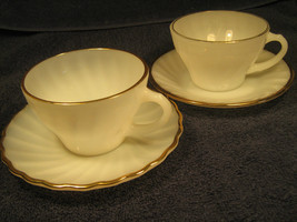 [Y1] (2) Anchor Hocking White With Gold Trim Coffee Cups &amp; Saucers - £7.01 GBP