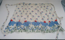 Vintage handmade half apron white with blue and red flowers design - $19.75