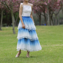 Blue Tiered Tulle Maxi Skirt Outfit Women Custom Plus Size Long Tulle Skirt image 1