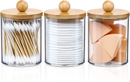 3Pcs Qtip Dispenser Apothecary Jars with Bamboo Lids Clear Plastic Jar Organizer - £10.51 GBP