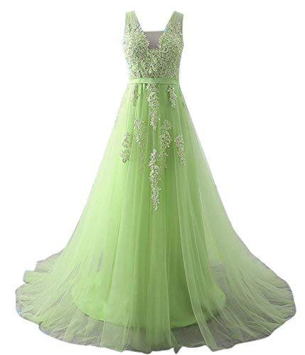 Kivary Women V Neck Sheer Beaded Long Prom Dress Formal Tulle Evening Gown Sage
