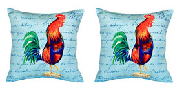 Pair of Betsy Drake Blue Rooster Script - No Cord Pillows 18 Inch X 18 Inch - £61.91 GBP
