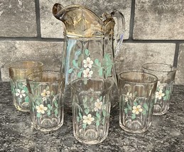 EAPG US Glass Colonis Dec 1 Colonial Panel Handpainted Pitcher & 5 Juice Glasses - $51.41