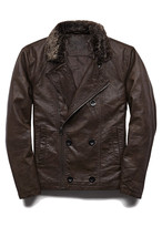 Chocolate Brown Men Leather Coat With Shearling Collar Front Buttons Zip Closure - £156.47 GBP