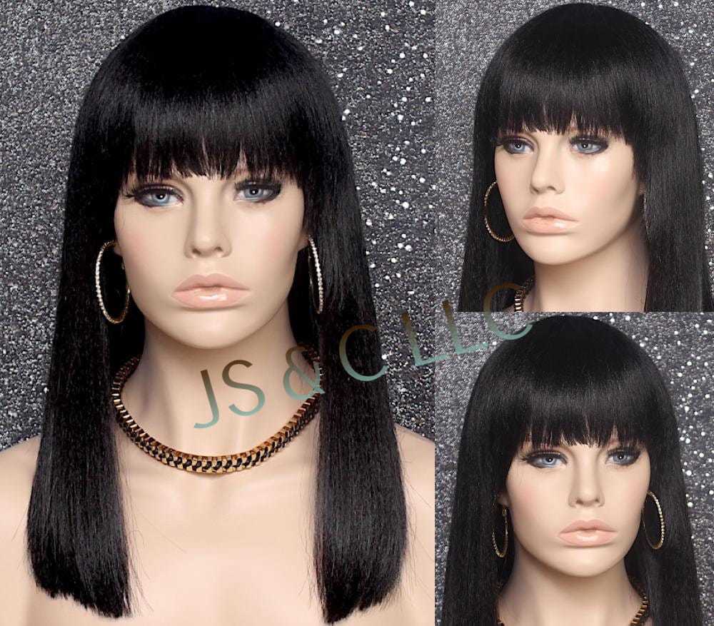Black Blunt Cut Back and Bangs Wig Kinky Straight Gaga Cancer Alopecia T... - $58.95