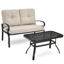 2 PCS Outdoor Loveseat Bench Table Chair Furniture Set Cushioned Seat Beige - $260.99