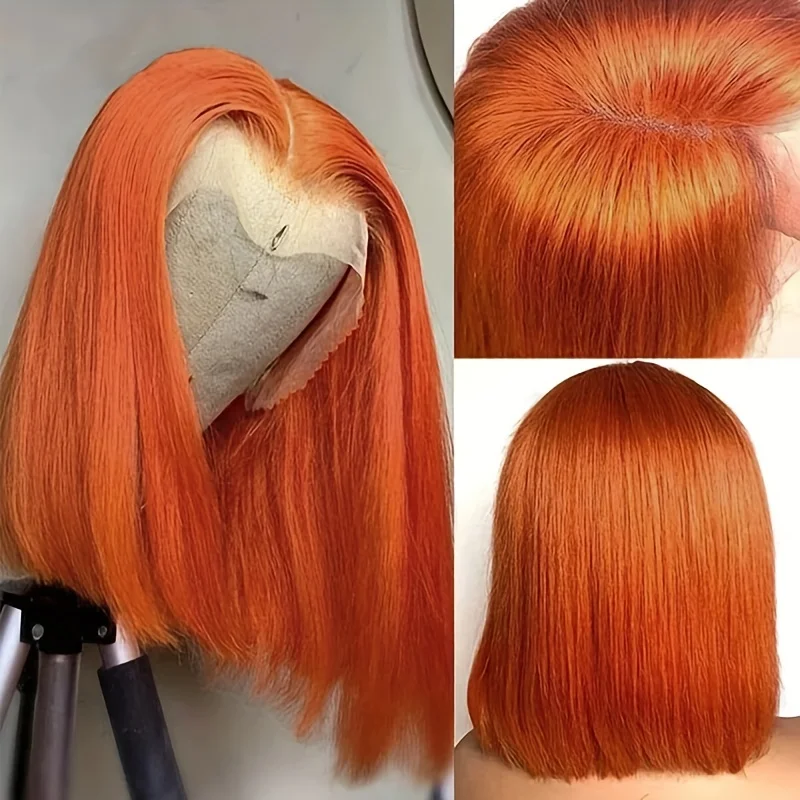 180% Density Ginger Orange Straight Bob Wig 13x4 Lace Frontal Bob Human Ha - £56.63 GBP+