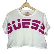 Guess Crop Top White Pink Lettering Women&#39;s Size Small Cuffed Sleeve Wide - £21.03 GBP