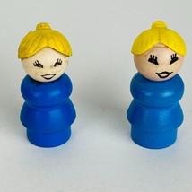 Fisher Price Little People Blond Girls Wooden Figures Full Lip Mouth Blue Dress - £9.14 GBP