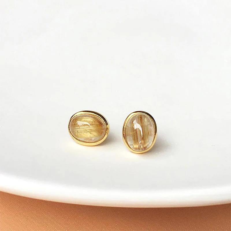Natural Stone Stud Earrings Gold Rutilated Quartz Crystal Oval shape Beads Gold  - £44.30 GBP