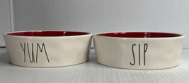 Rae Dunn Two 5” White Red Ceramic Cat Dog Bowl Pet Food Dish “Yum”, Water “Sip” - £14.99 GBP