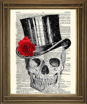 Teschio IN Top Cappello Con Rosa Rossa: Antico Vintage Dizionario Pagina Morte - £5.10 GBP