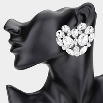 Silver Heart Stud Earrings 2&quot; Trend Cluster Rhinestone Crystal Statement Jewelry - £27.07 GBP