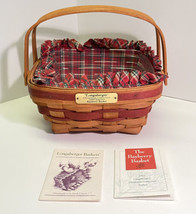1993 Longaberger Bayberry Christmas Basket Red Plaid Cloth Plastic Liner Handles - $23.51