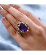 Large Amethyst and Tourmaline 19.4ct Halo Ring Size 9 Gold Vermeil over ... - £85.61 GBP