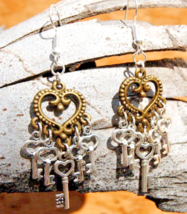 Earrings Bronze Color Heart Charm Dangling Silver Keys Jewelry Dangle Drop - £8.36 GBP
