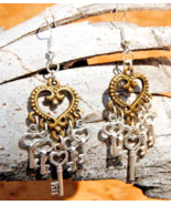 Earrings Bronze Color Heart Charm Dangling Silver Keys Jewelry Dangle Drop - £8.27 GBP