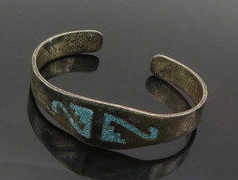 MEXICO 925 Silver - Vintage Inlaid Turquoise Design Cuff Bracelet - BT6430 - £87.87 GBP