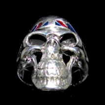 Sterling silver UK Biker ring Grinning Skull with Union Jack bandana in Red and  - £70.61 GBP