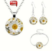 Yellow Daisy Cabochon Glass Silver Bracelet Pendant Earrings Jewelry Set - £9.86 GBP