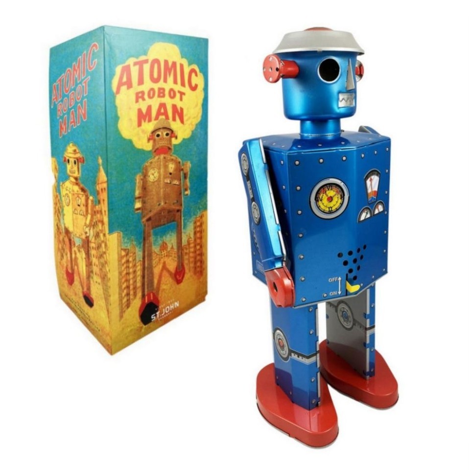 ATOMIC MAN ROBOT 11.5&quot; Large Blue Wind Up Tin Toy Collectible Saint John... - $49.95