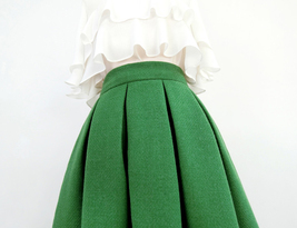 GREEN Midi Pleated Skirt Outfit Women Plus Size A-line Winter Woolen Skirt image 5