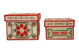 Set of 2 Vintage Handmade Needlepoint Christmas Gift Boxes Poinsettia Decor EUC! - $39.59