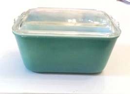 HTF Glasbake McKee Refrigerator Dish Loaf Pan 805 Turquoise Milk Glass Clear Lid - £15.50 GBP